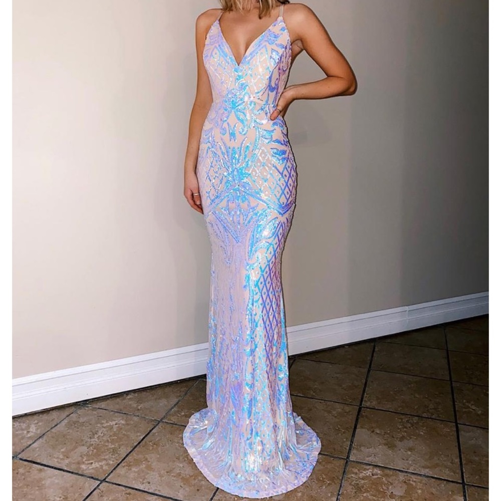 HOLOGRAPHIC SEQUINS LONG PROM A-LINE DRESS